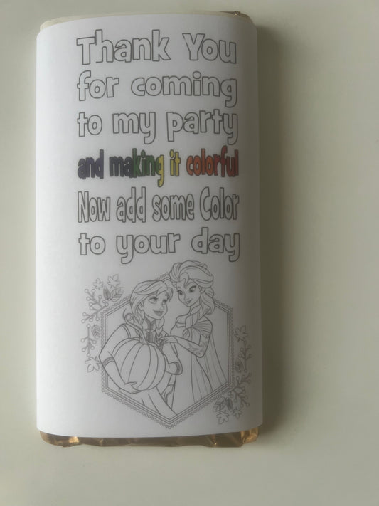 Thank you for coming to my party character colour your own chocolate bar wrapper