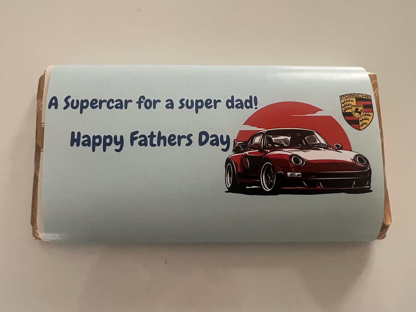 Porsche supercar for a super dad chocolate bar wrapper