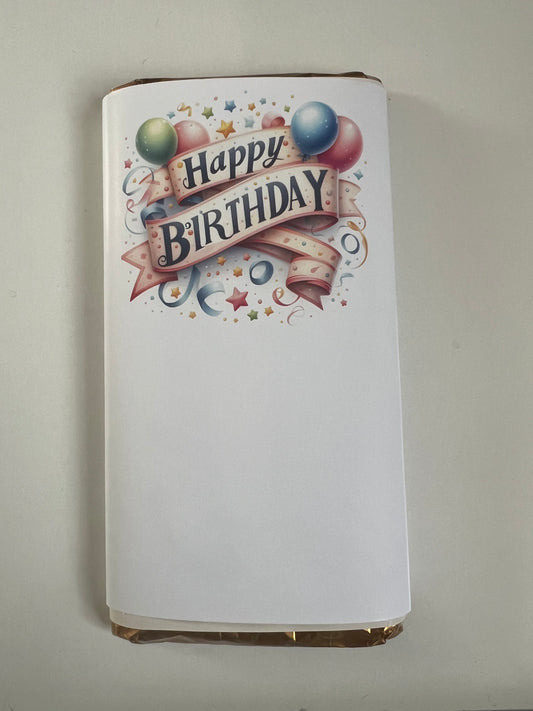 Happy birthday chocolate bar wrapper with space for personalisation