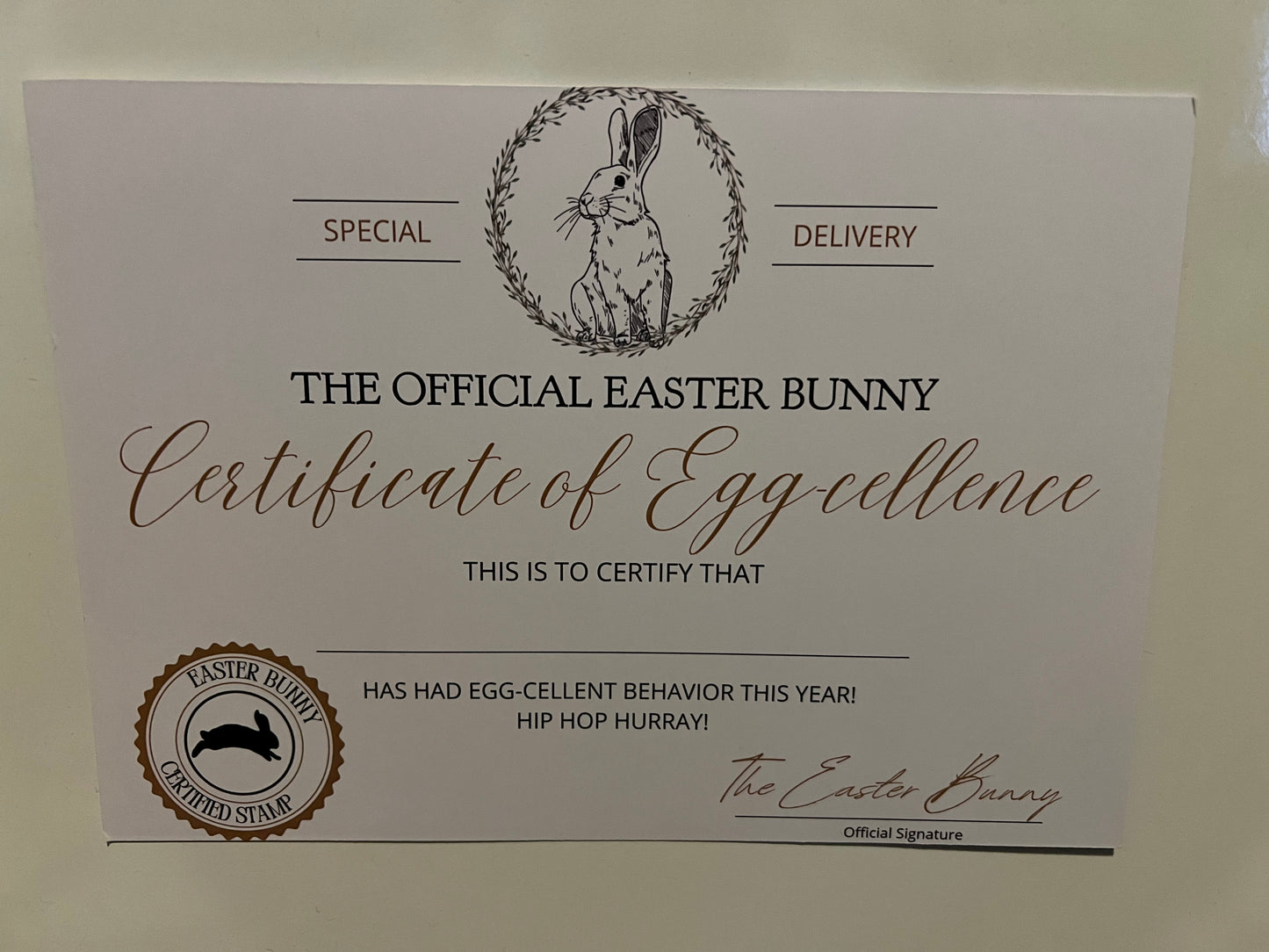 A5 Easter Bunny Certificate