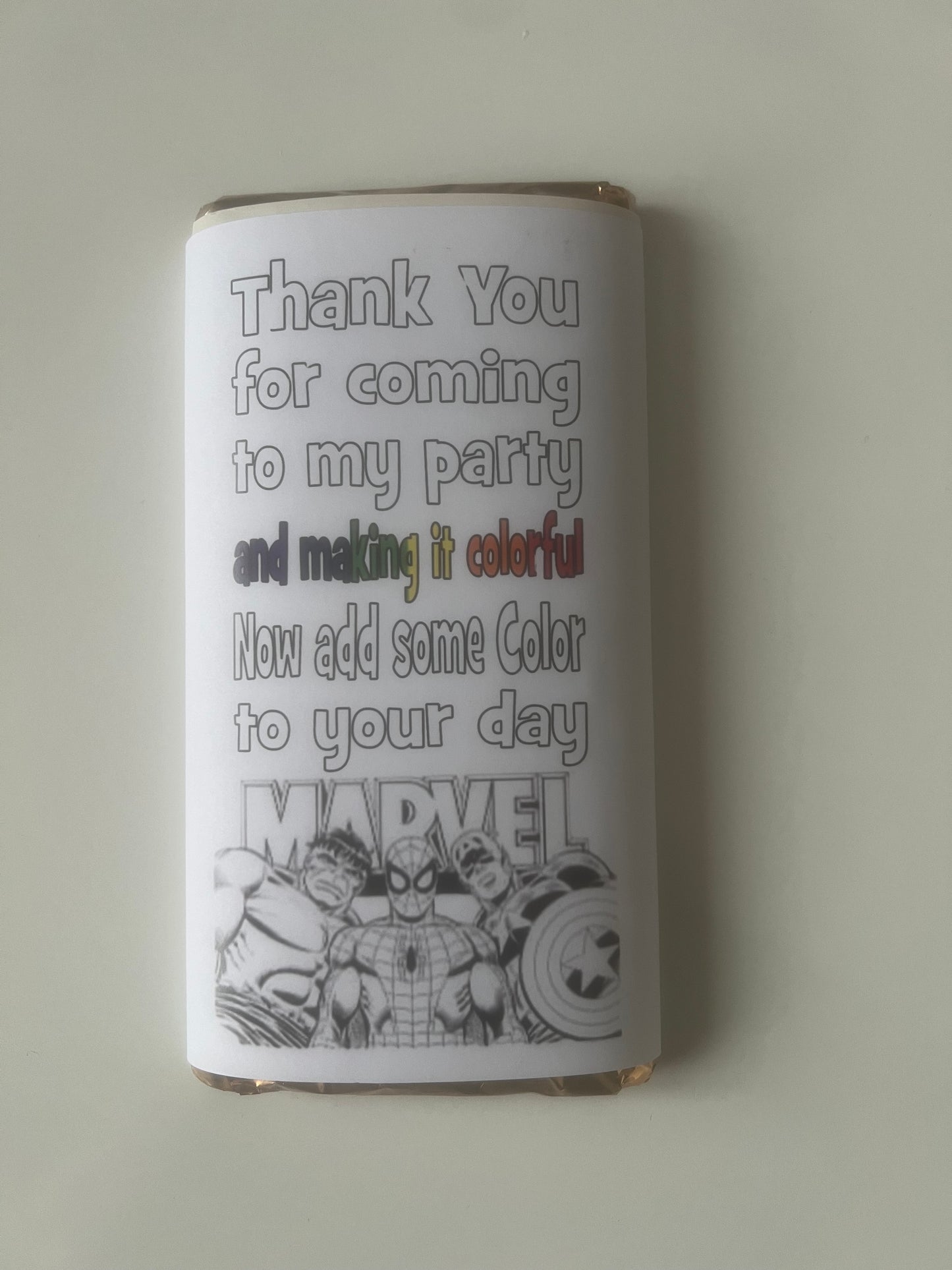 Thank you for coming to my party character colour your own chocolate bar wrapper