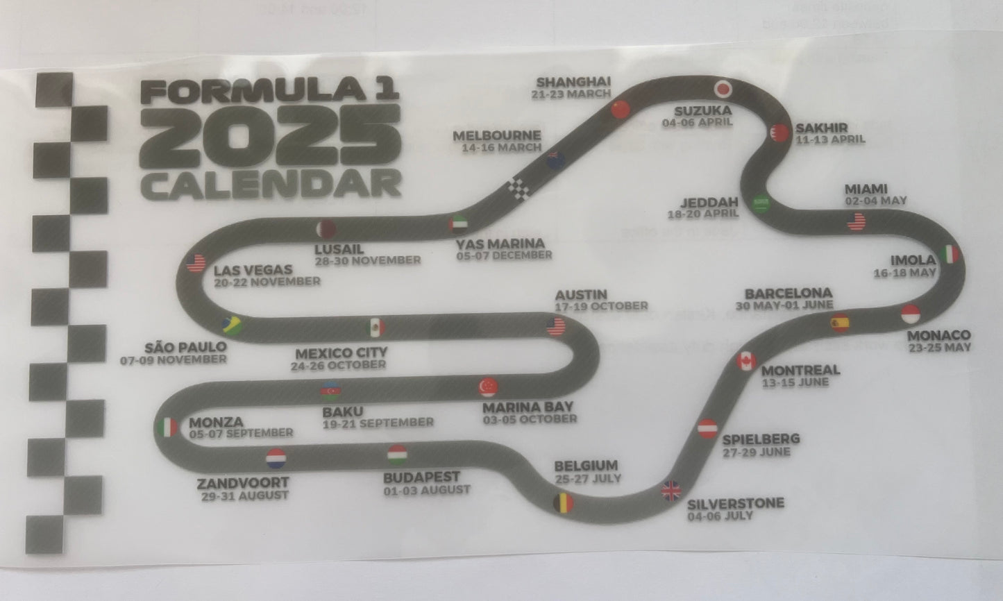 Formula 1 season calendar DTF transfer